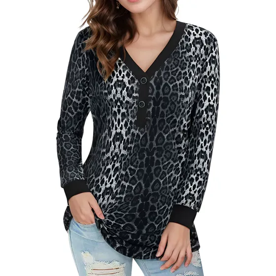 Blusa Túnica De Manga Larga Con Escote En V Y Estampado Xl