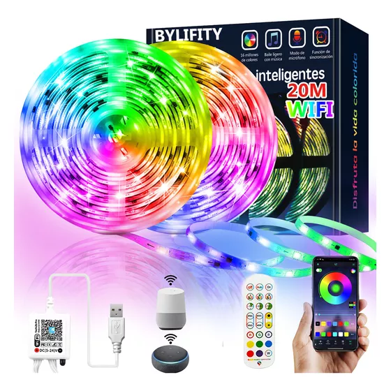 Tiras de Led Wifi 20m Bylifity G5402-20 RGB Inteligentes Música Alexa Google Home App Control