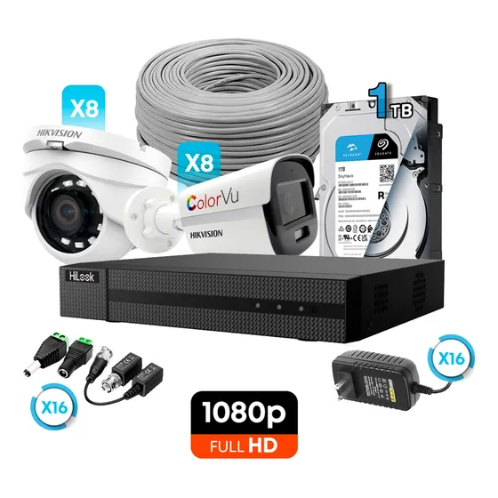 Kit Cámaras Seguridad 16ch 8 Domo 8 Bullet Colorvu 1080p