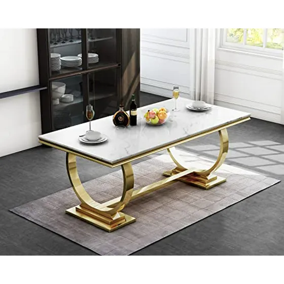 Mesa De Comedor De Mármol Moderno, Blanco Con Base En Acero 