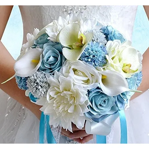 Ramo Novia Cinta Azul Claro Playa Boda Flor Rosa B Redondo