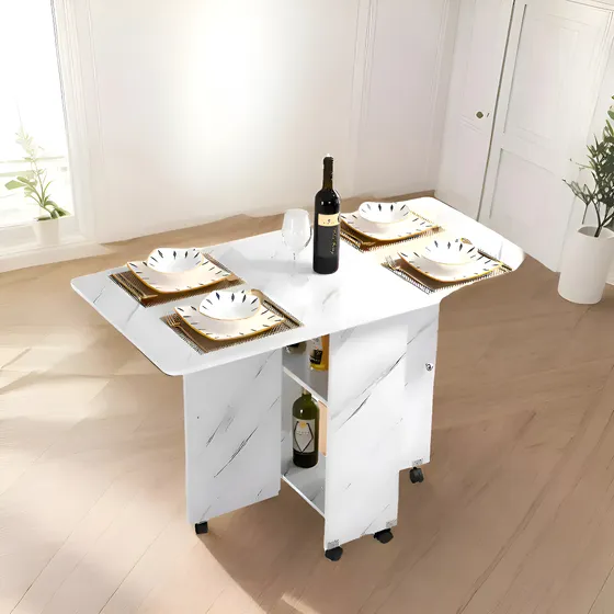 Mesa Plegable Desayunador 2 Estantes Con Ruedas