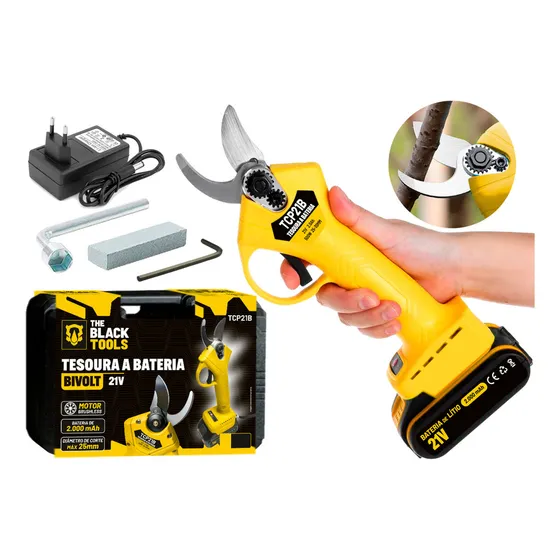 Tesoura Poda Galho De Árvore Elétrica Sem Fio Bateria 21v Com Maleta Tcp21b The Black Tools