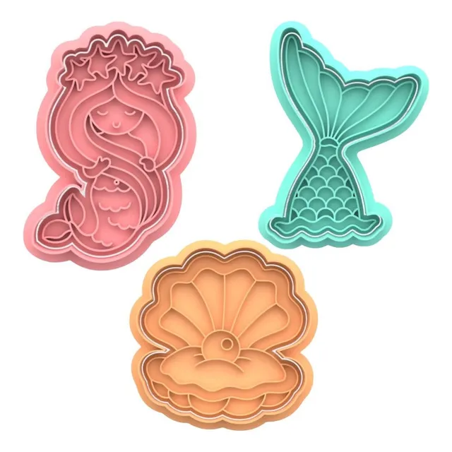 Kit 3 Cortador Marcador Mar Sereia Concha Onda Pasta Cookie