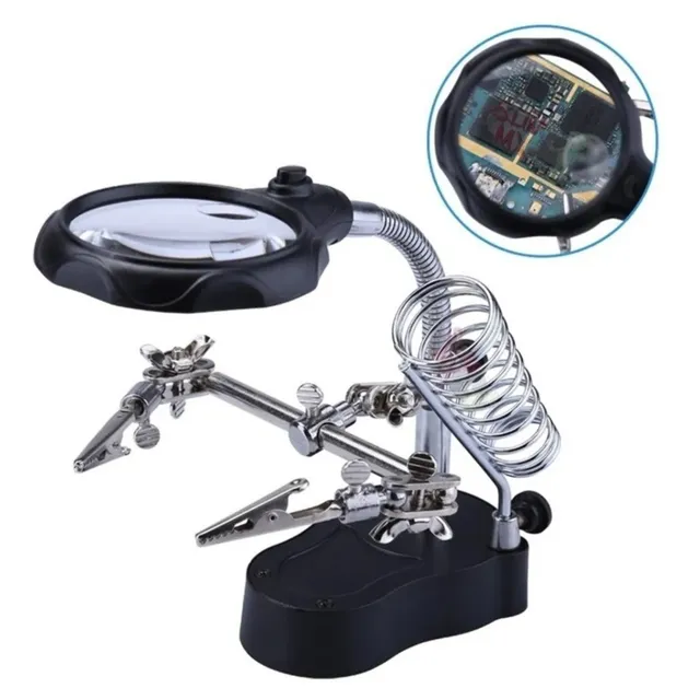 Base Para Cautin Con Lupa Y Pinzas Sujetadoras Con Luz Led.