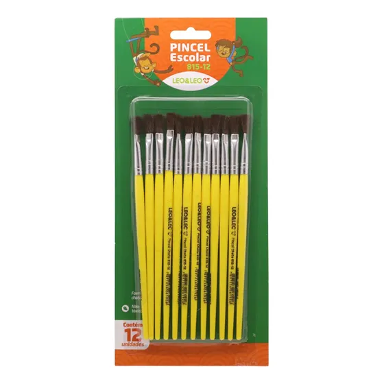 Kit 12 Pincel Escolar Chato N 12 Cabo Longo Leo E Leo Leonora 815-12