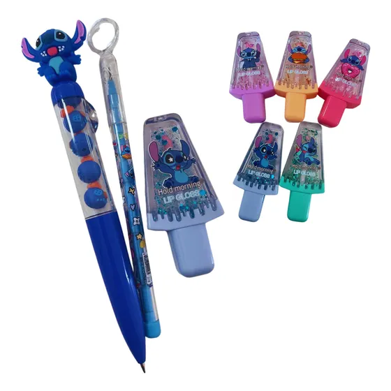 Caneta Stitch Chepa Lapiseira Troca Ponta Mais Brilho Labial Tinta Azul Exterior Azul