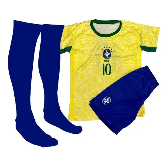 Uniforme Brasil infantil camisa shorts e meião