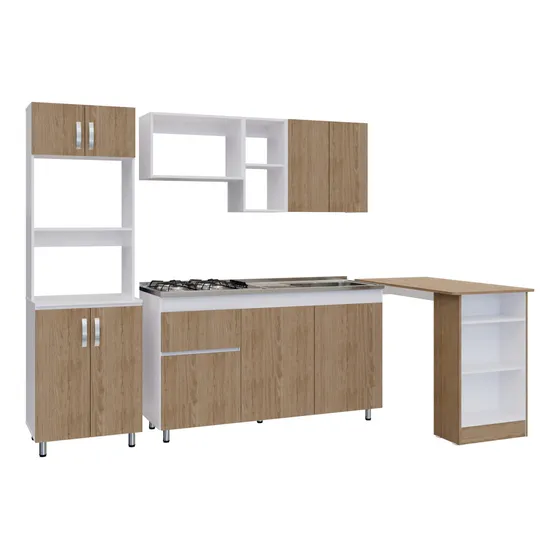 Cocina Integral Rosy Rovere 150x190cm Con Mesón Y Con Barra
