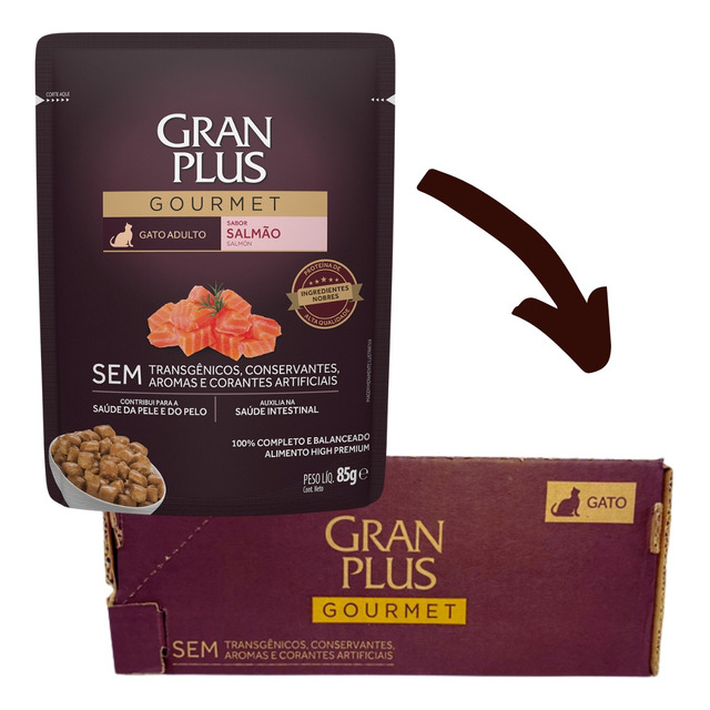 Ração Úmida Gatos Gourmet Salmão Sachê 85gr Cx 18un Granplus Ração Úmida Gatos Gourmet Salmão Sachê 85gr Cx 18un Granplus