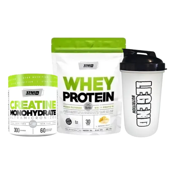 Star nutrition whey protein sabor banana 908g creatina monohidratada 300g vaso legend 600ml