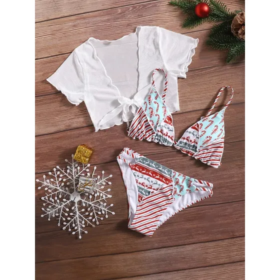 Conjunto De Bikini Con Estampado Navideño Y Top De Cubrir