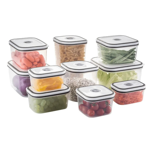 Conjunto de 10 potes herméticos Electrolux de plástico transparente com tampas brancas e cinzas, contendo diversos alimentos como massas, vegetais e grãos.