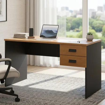 Escrivaninha Londres 118cm 2 Gavetas Corrediça Telescópica Mdf Mdp Mesa Para Computador Home Office Cor Preto Canela