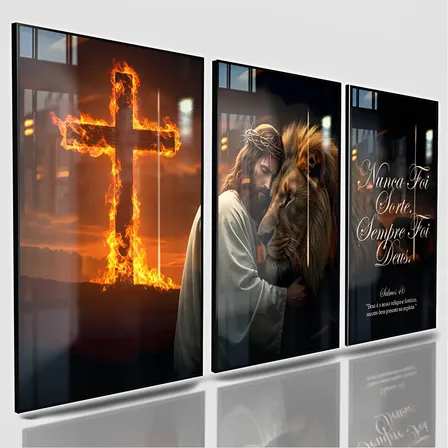 Quadros Decorativos Nunca Foi Sorte Jesus Abraço Leao 122x60