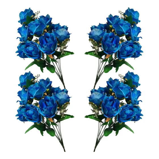Kit Com 4 Buquês De Flores Artificiais Rosas Realistas Azul
