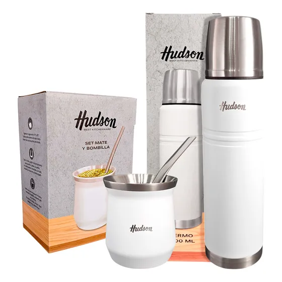 Set 3 Pz Hudson Mate Vaso Con Bombilla + Termo 1 Lt Acero