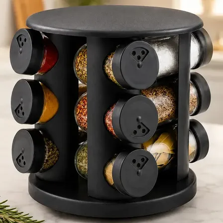 Porta Condimentos Temperos Giratório 12 Potes De Vidro Dosador Preto Organizador Cozinha Bancada Mesa Redondo Vivatutto