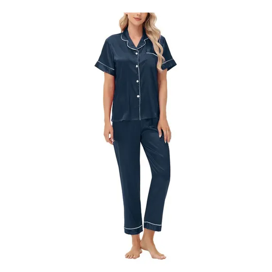 Pijama Suave De Seda Satinada Transpirable Con Botones