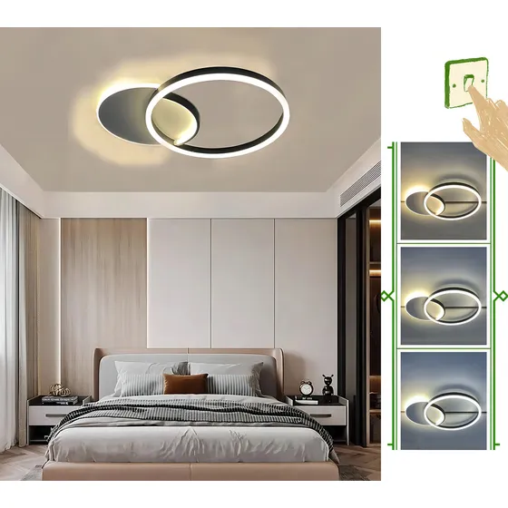 Lustre Plafon Led Duplo 2 Aneis Moderno Luz Indireta Redondo Preto Eclipse Luz 3/1 - Green Age