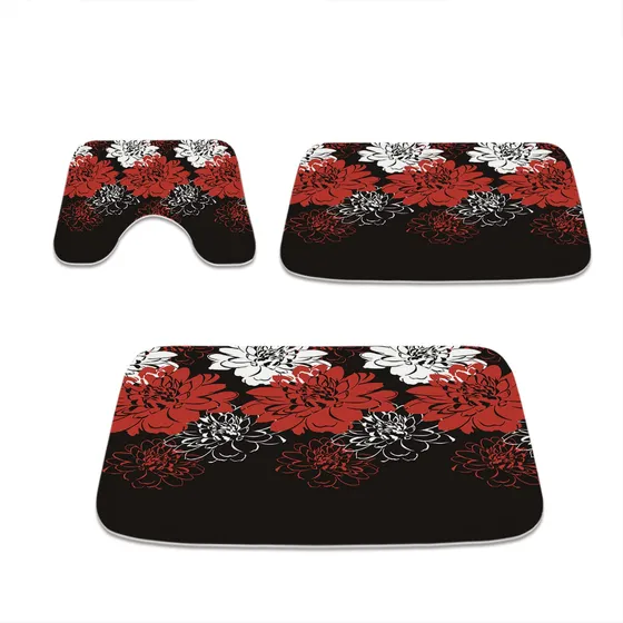 Alfombra Baño Floral 20 X 31  Color Blanco Negro Rojo Juego