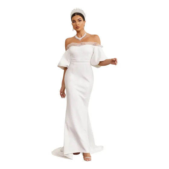 Vestido De Boda Bajo Sirena De Malla Y Contraste Descubierto