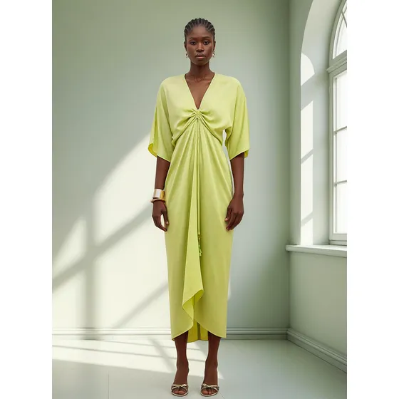 Vestido Iódice Midi Decote V Amarração Frente Verde Claro