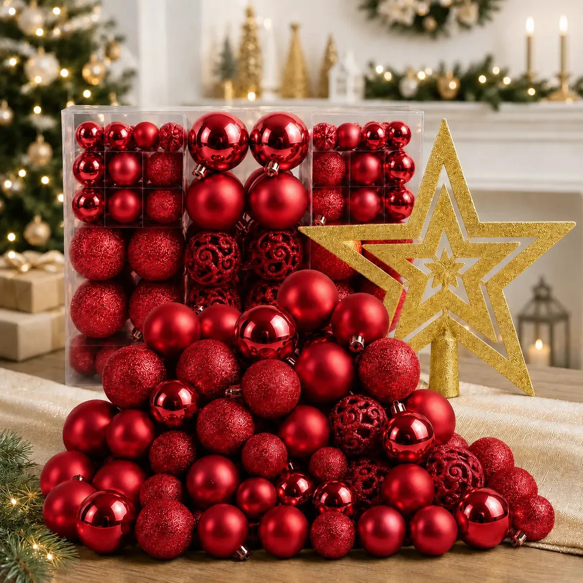 Kit 100 Bolas + Estrela Pendentes P/ Decoração Árvore De Natal Bolinhas Dekasa Premium Lisas/foscas/glitter - Vermelho