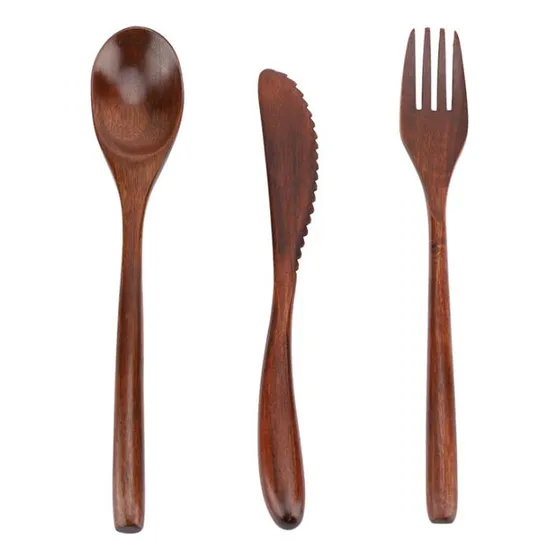 Juego De Cubiertos De Madera Mango Largo Reutilizable 3pcs