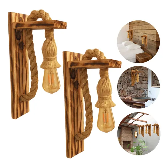 Kit 2 Arandela Com Corda De Sisal E Madeira Parede Rústica