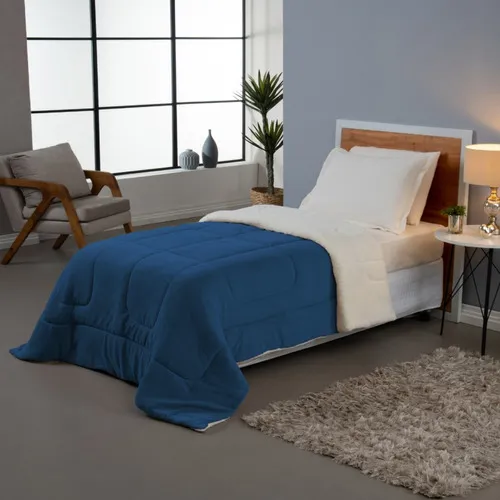Coberdrom Solteiro Dupla Face Soft E Sherpa Carneiro Cor Azul Desenho do tecido Lisa