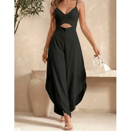 Macacão Longo Pantacourt Alcinha Viscose Fenda Soltinha Top Preto P