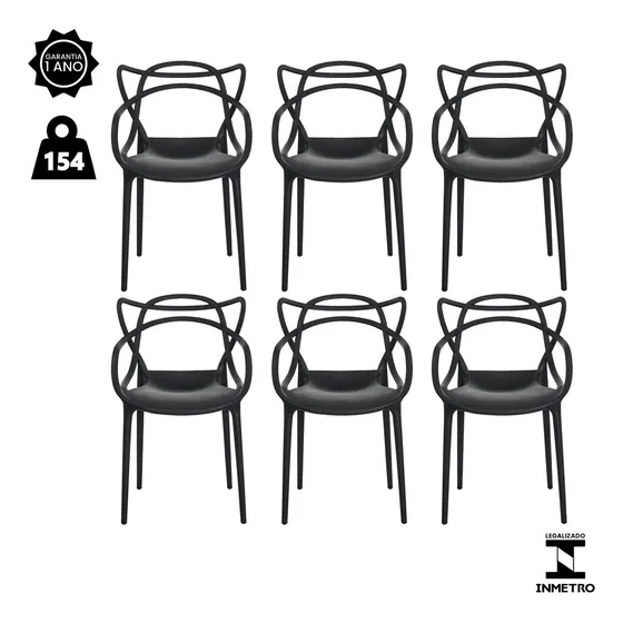 Kit 6 Cadeiras De Jantar Allegra Master Empilhável Polipropileno Waw Design Modelo Allegra Cor Preto