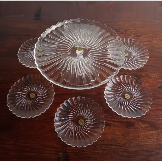 Pie De Torta De Cristal D'arques Tallado Con 6 Platos