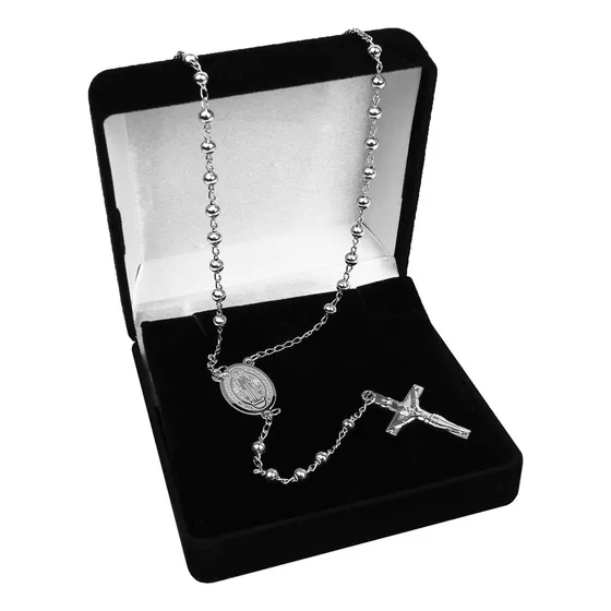 Terço Pescoço Luxo De São Bento Medalha Cruz Malta Aço Inox Cor Prateado