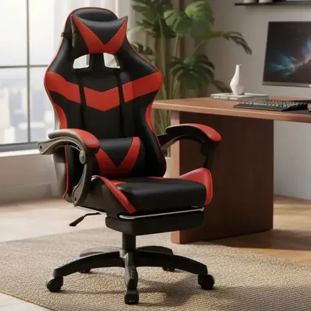 Cadeira Gamer Reclinável Ergonômica Com Apoio Para Pés e Cabeça de Couro Sintético Vermelho Sweet Studio