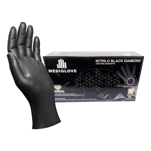 Guantes Nitrilo Reforzado Textura Diamante Negro Mediglove