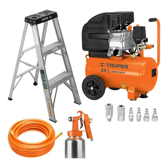 Kit Compresora De Aire 25lt, Escalera 2 Peldaños, Manguera