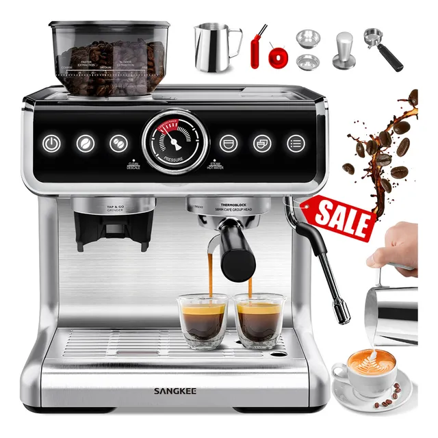 SANGKEE Cafetera Espresso Y Capuchino Para Negocio 20 Bar,máquina De Espresso Con Sistema De Calentamiento,espumador De Leche Y Molino,pantalla Táctil,kit Barista Completo Para Capuchinos Lattes