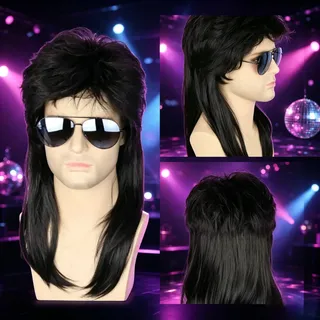 Peluca Y Bigote Corto Años 80 Para Hombre – Disfraz De Discoteca, Halloween Y Cosplay, Fibra Sintética, Ajustable (negro)