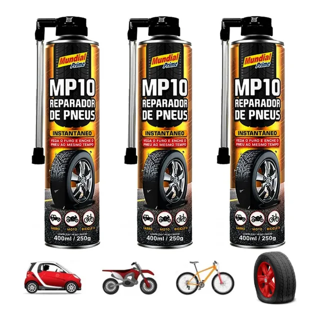 3 Reparador Pneu Furado Intantâneo Mundial 400ml Inflador