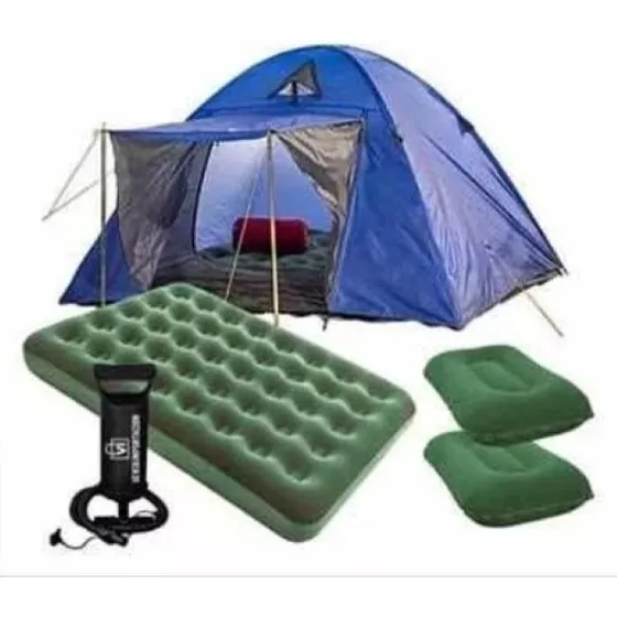 Cómbo Carpa 4 Personas + Colchón 2 Plazas + Inflador + 2 Alm Color Azul