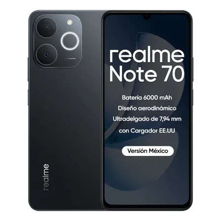 Smartphone Realme Note 70 4gb 256gb Dynamic Ram 16gb Dynamic Ram Octa-core Chipse 6000mah Bateria Com Carregador Americano, Tela Ip64 Dual Sim, Versão Mexicana, Garantia Desbloqueada Preto