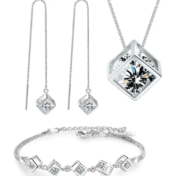 Conjunto Plata 925 Collar Pulsera Cadena Regalo Aros Set