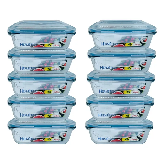 Kit 10 Pote Hermético De Vidro Retangular 640ml Quality House Azul-claro