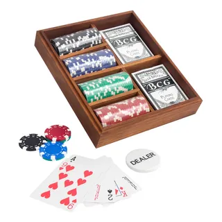 Set Poker Fichas Cartas Baraja Caja Madera Pino