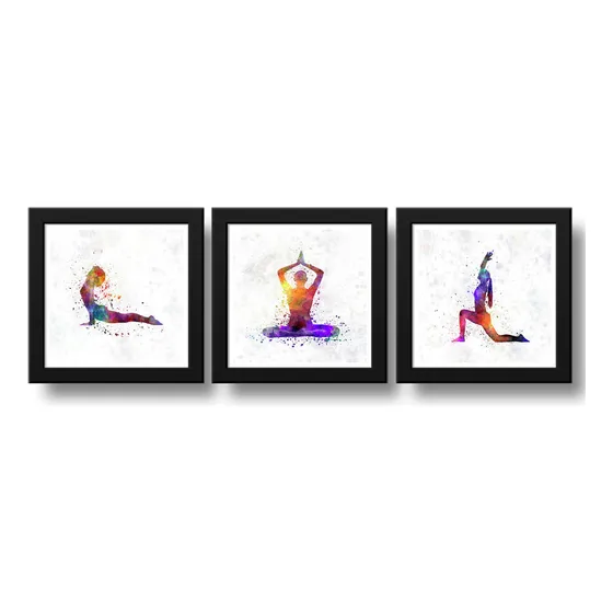 Set 3 Cuadros Yoga Pop Art Zen Meditacion Deporte - 33x33cm Marco Negro