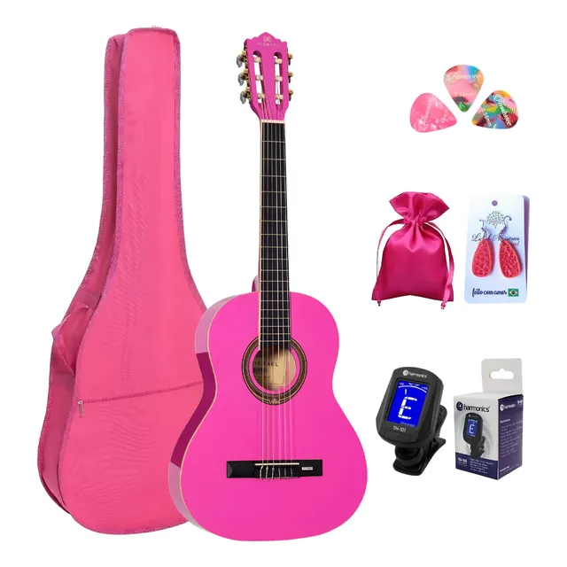 Violão Michael Infantil Rosa 3/4 Kit Capa Afinador Vm13e Pk
