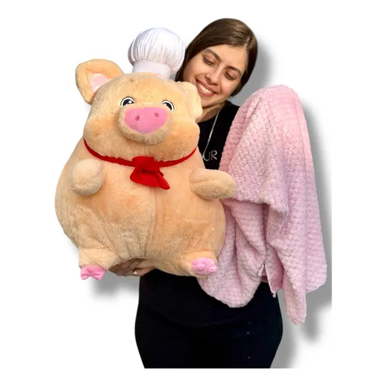 Cerdito De Peluche Chef Tierno + Cobija + Moño Y 3 Globos