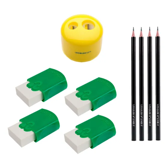 Apontador Colorido + Lapis Grafite + Borracha Com Capa